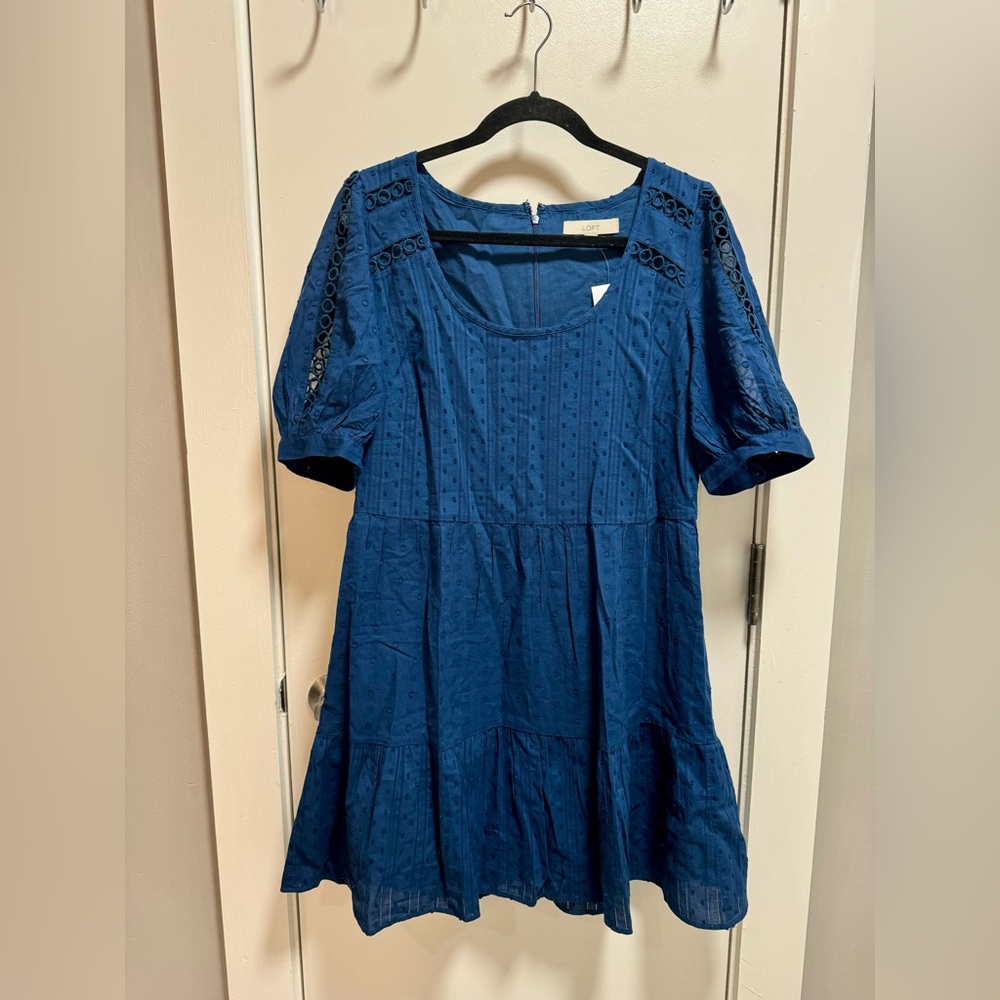 Loft Blue Clip Mixed Media Scoop Neck Swing Dress - size 8